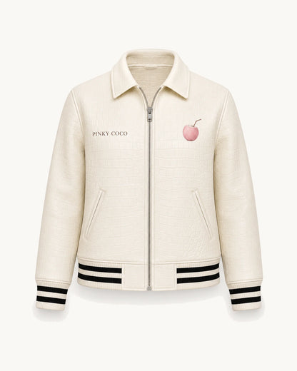 PinkyCoco Croc White Women's Leather Fashion Jacket, front thumbnail on warm ivory background