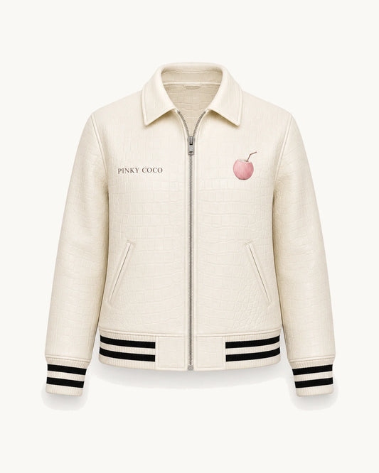 PinkyCoco Croc White Women's Leather Fashion Jacket, front thumbnail on warm ivory background