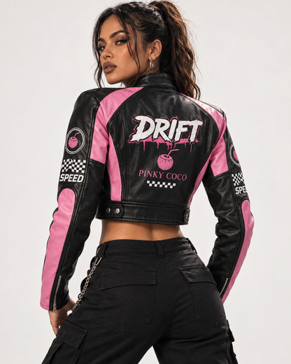 PinkyCoco Drift black pink leather racing jacket back view