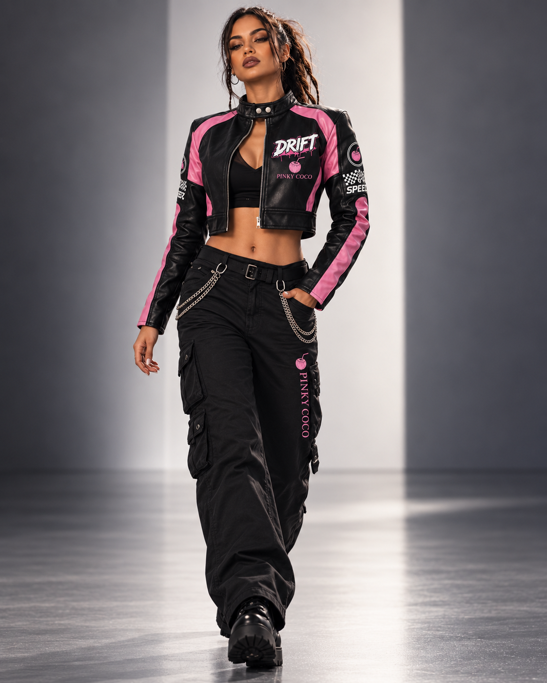 PinkyCoco Drift pink panel and black leather detail
