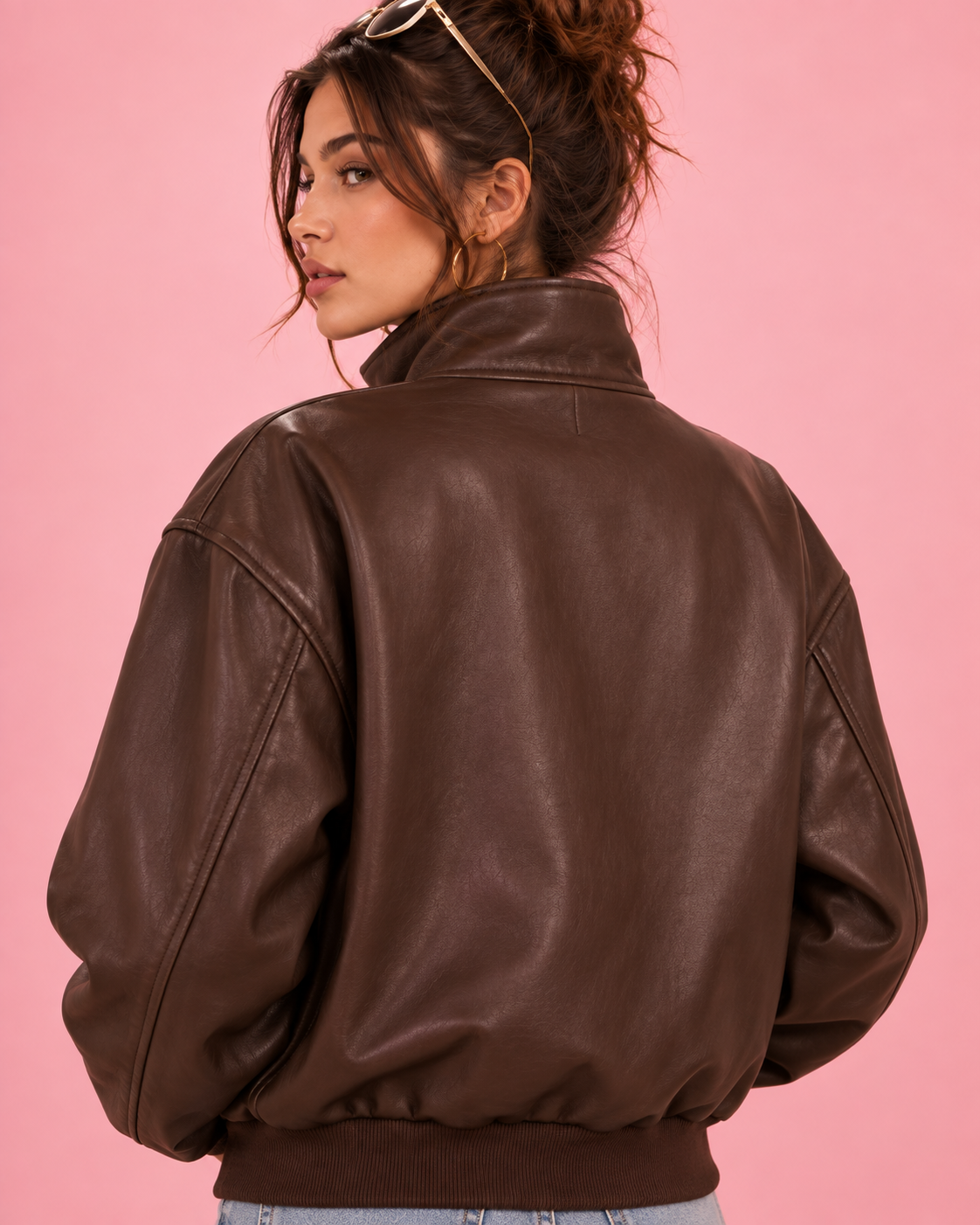 PinkyCoco Espresso Bomber women's brown leather funnel-neck jacket front view