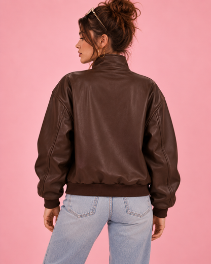 PinkyCoco Espresso Bomber leather jacket three-quarter styling