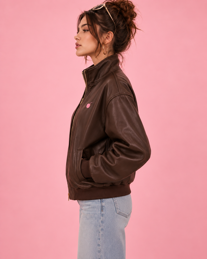 PinkyCoco Espresso Bomber women's brown leather jacket straight front view