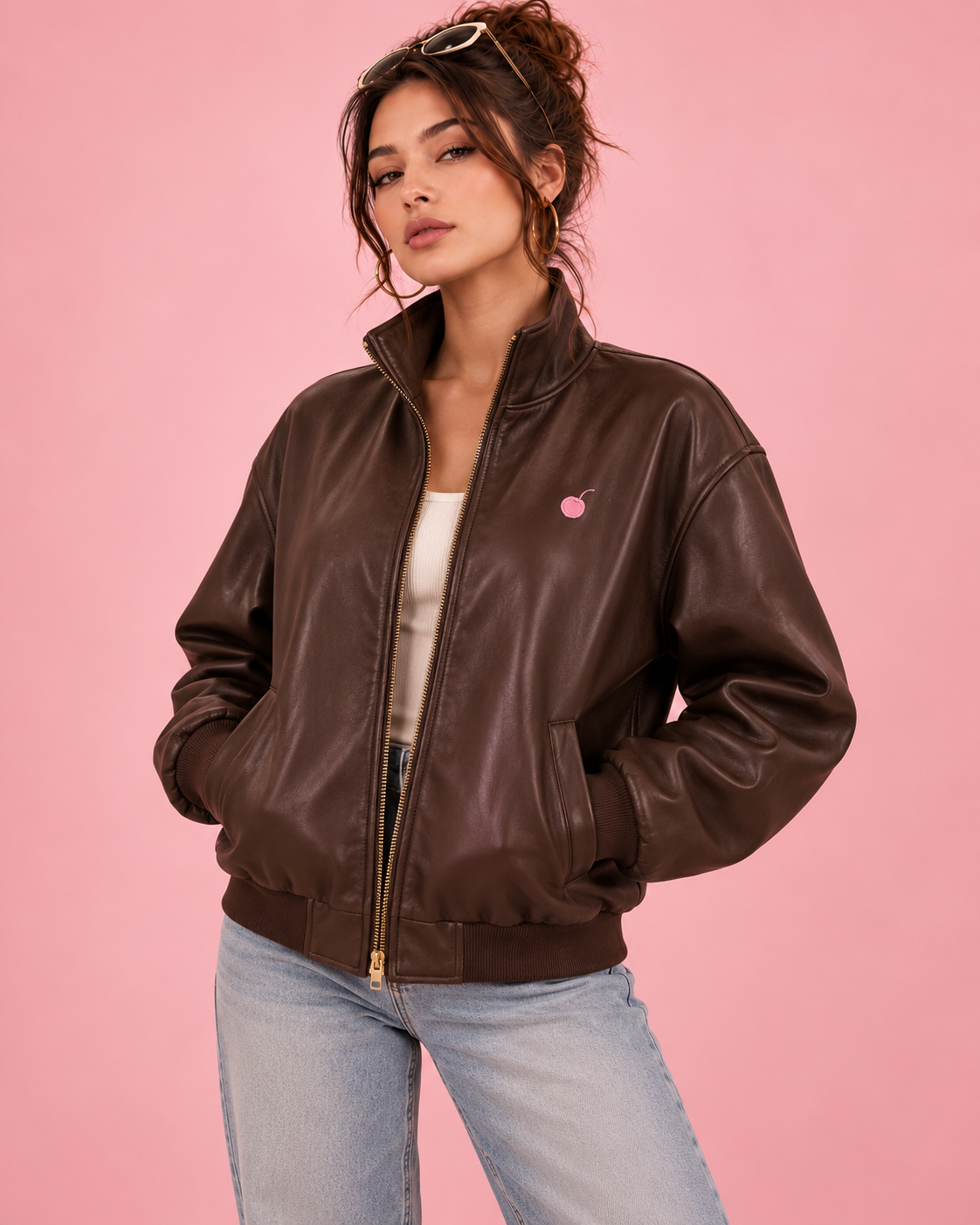 PinkyCoco Espresso Bomber leather funnel-neck jacket back view
