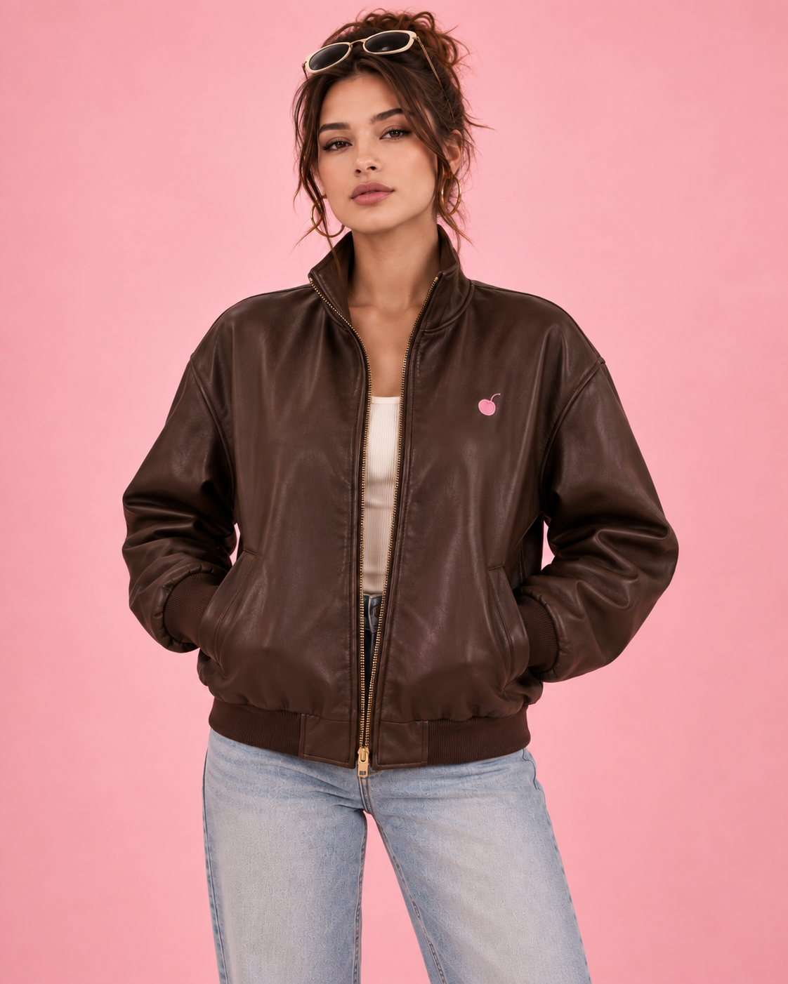 PinkyCoco Espresso Bomber jacket collar zipper and leather detail
