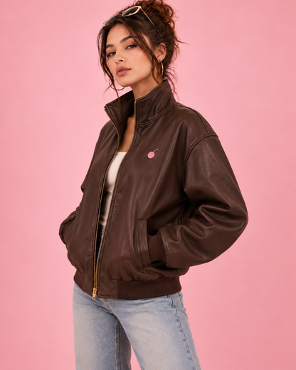PinkyCoco Espresso Bomber women's leather jacket side profile