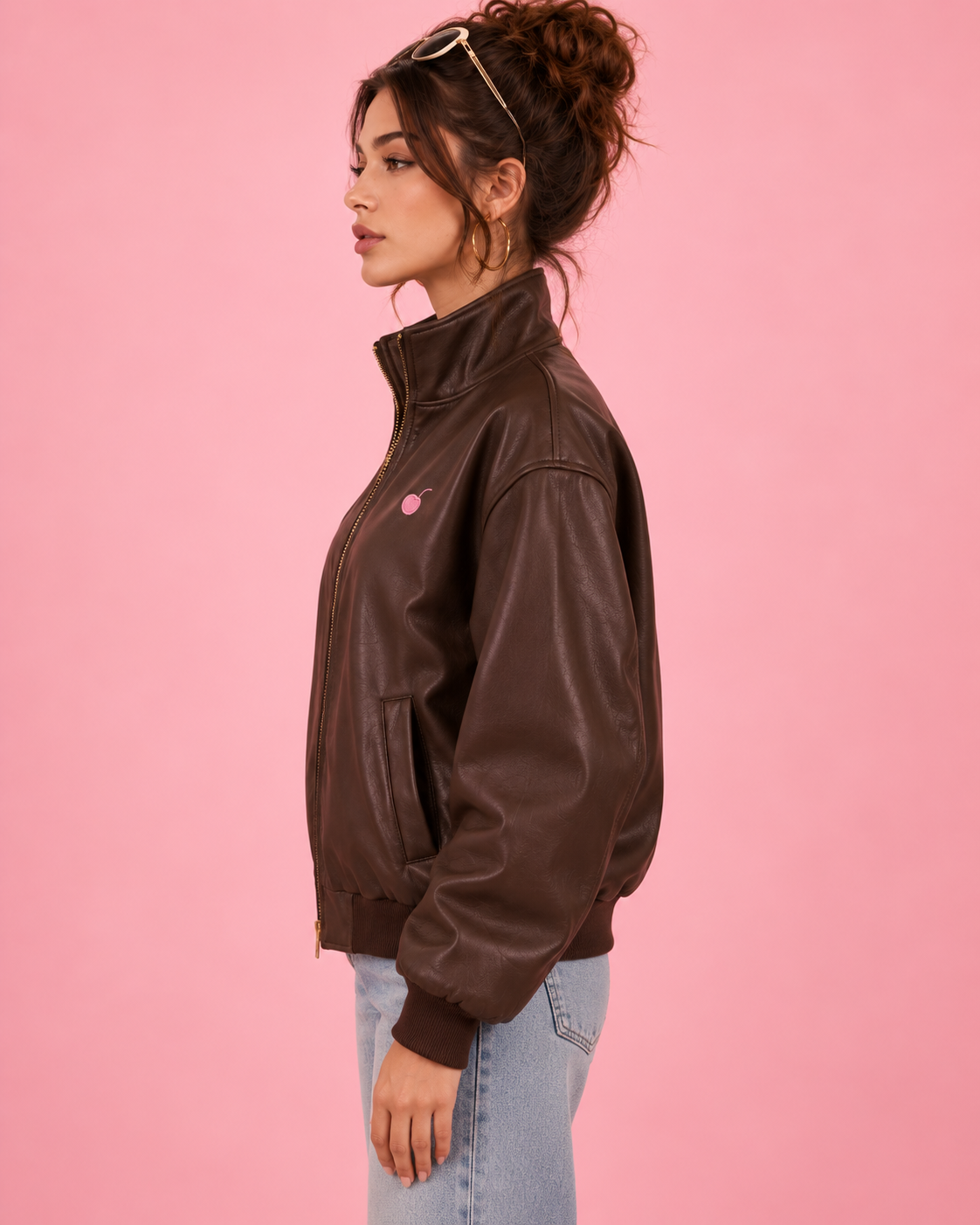 PinkyCoco Espresso Bomber brown leather jacket lifestyle styling