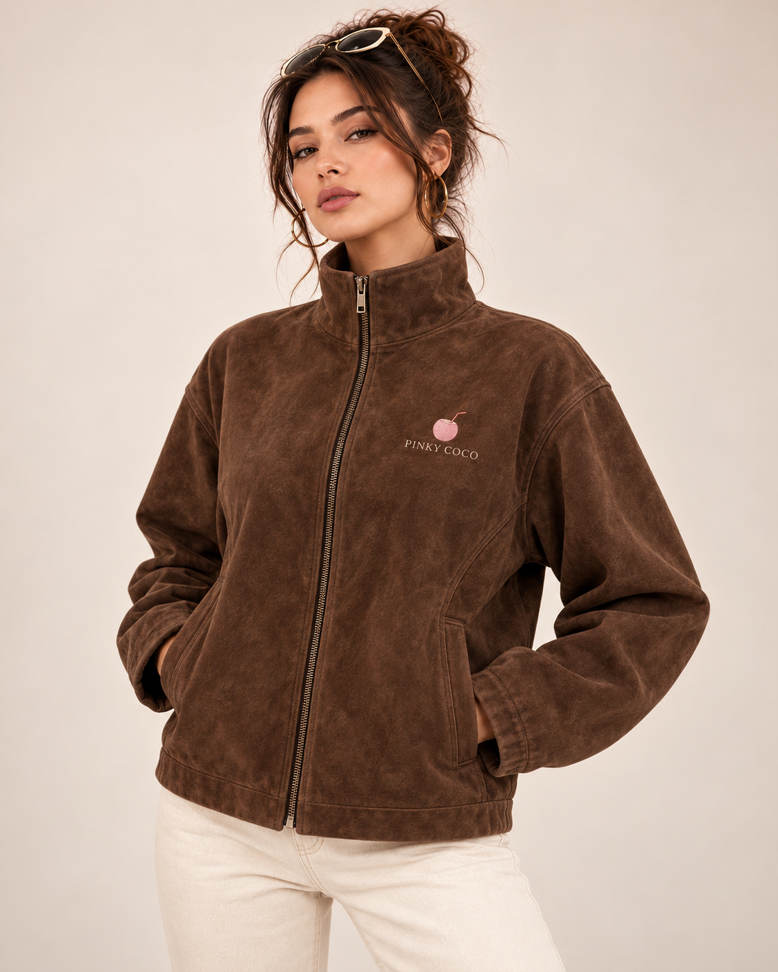 PinkyCoco Espresso Funnel women's brown suede jacket front view