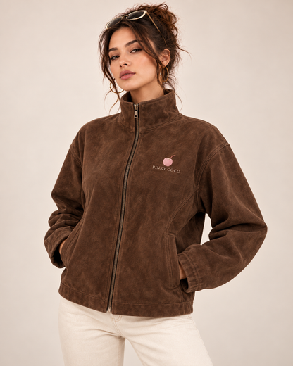PinkyCoco Espresso Funnel women's brown suede jacket front view