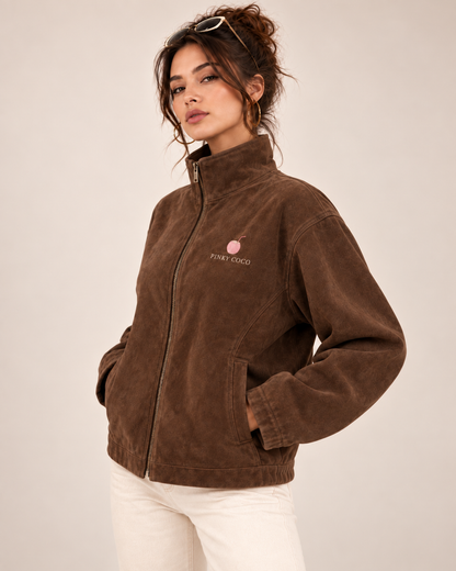 PinkyCoco Espresso Funnel suede jacket three-quarter front styling