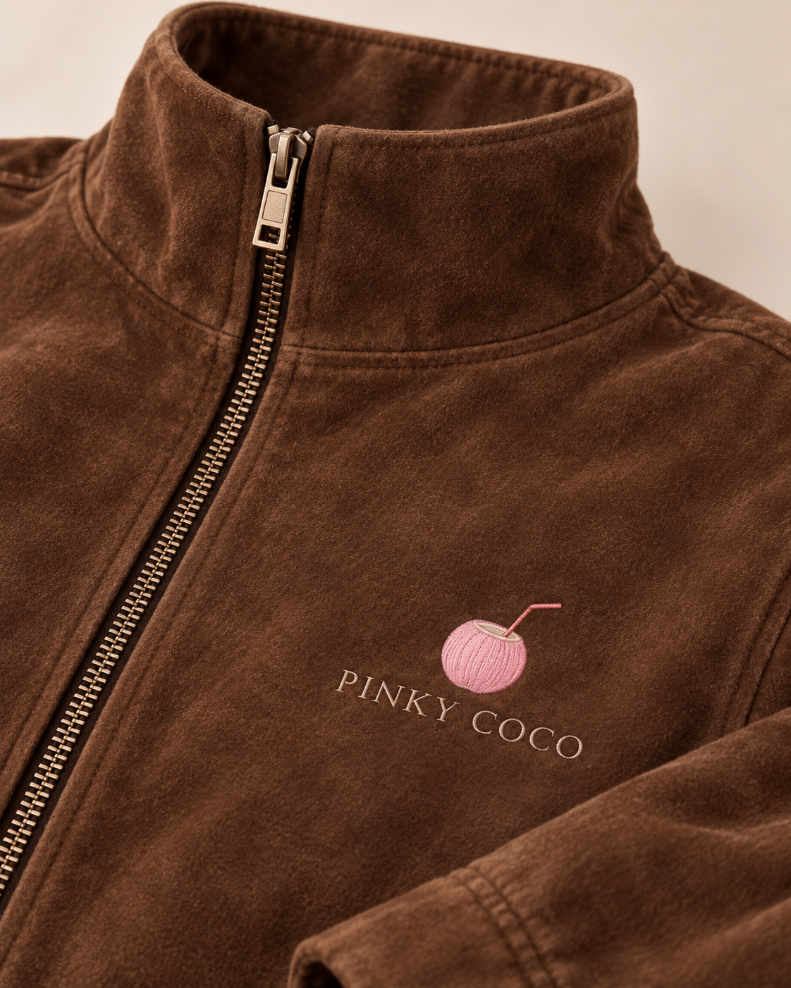 PinkyCoco Espresso Funnel women's suede jacket straight front view
