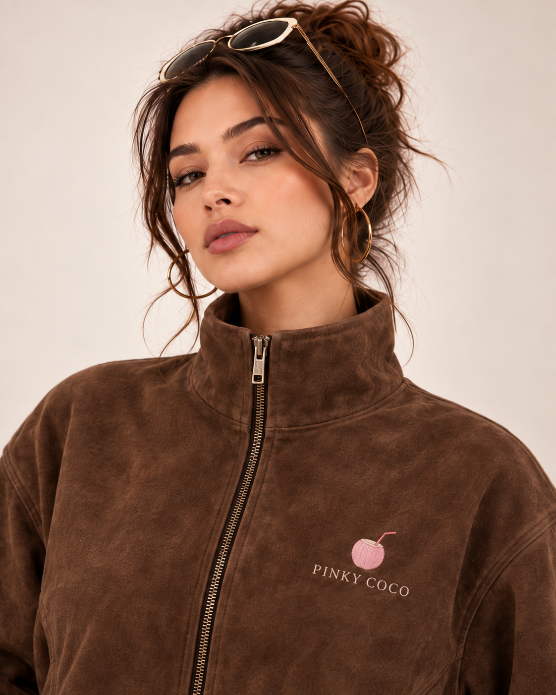 PinkyCoco Espresso Funnel brown suede jacket back view