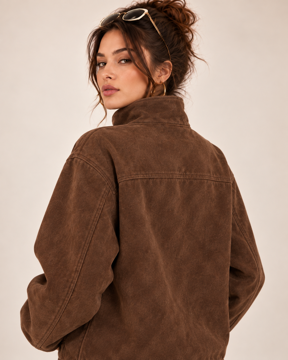 PinkyCoco Espresso Funnel jacket high collar and zipper detail