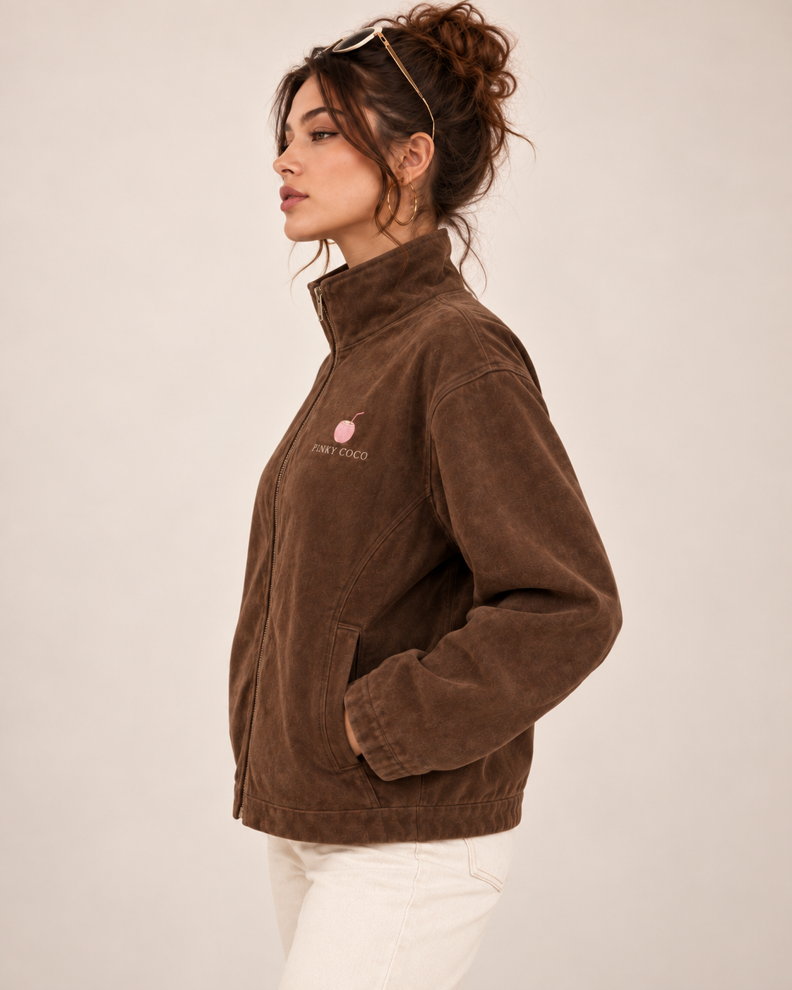 PinkyCoco Espresso Funnel women's suede jacket side profile