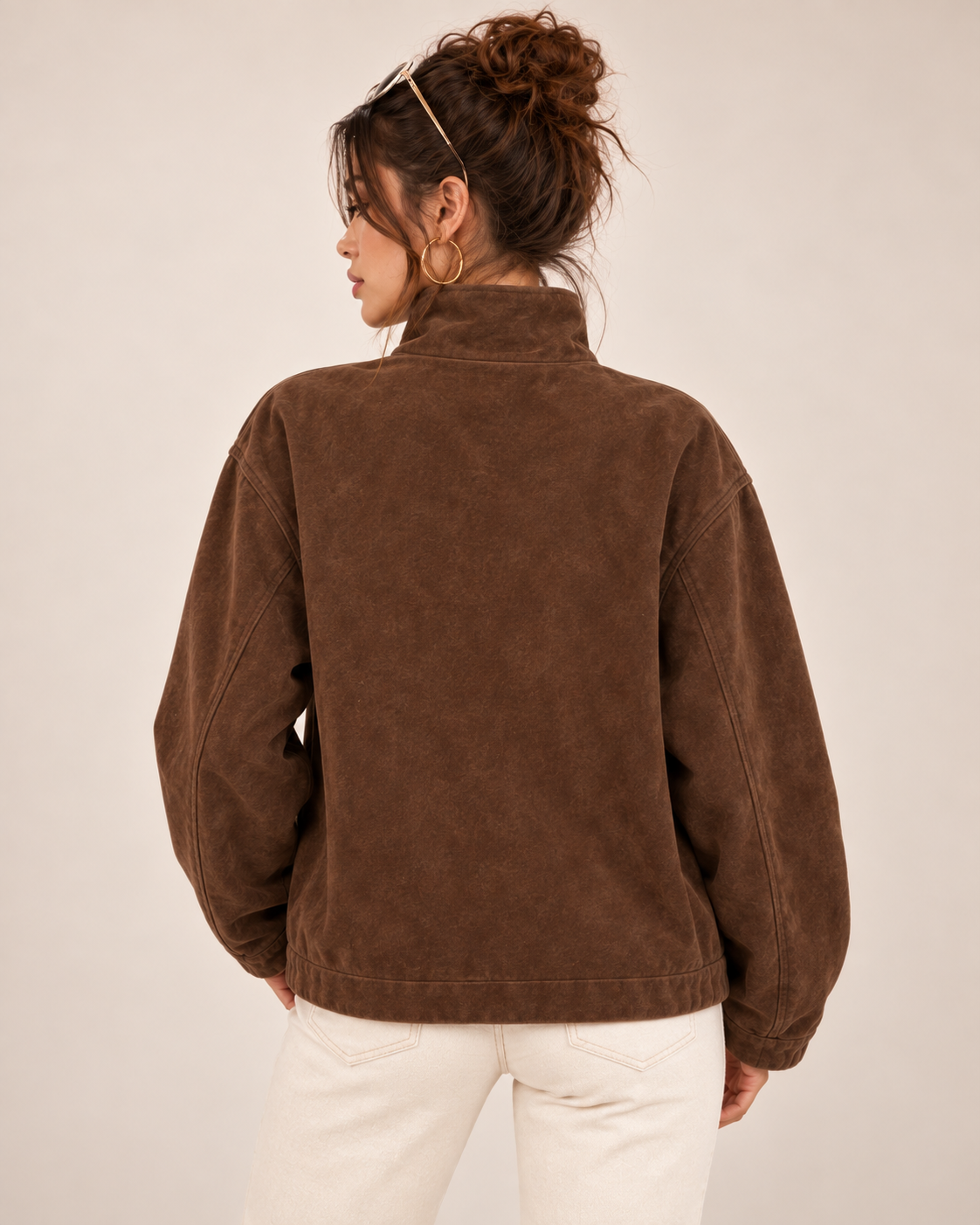 PinkyCoco Espresso Funnel brown suede texture and chest detail