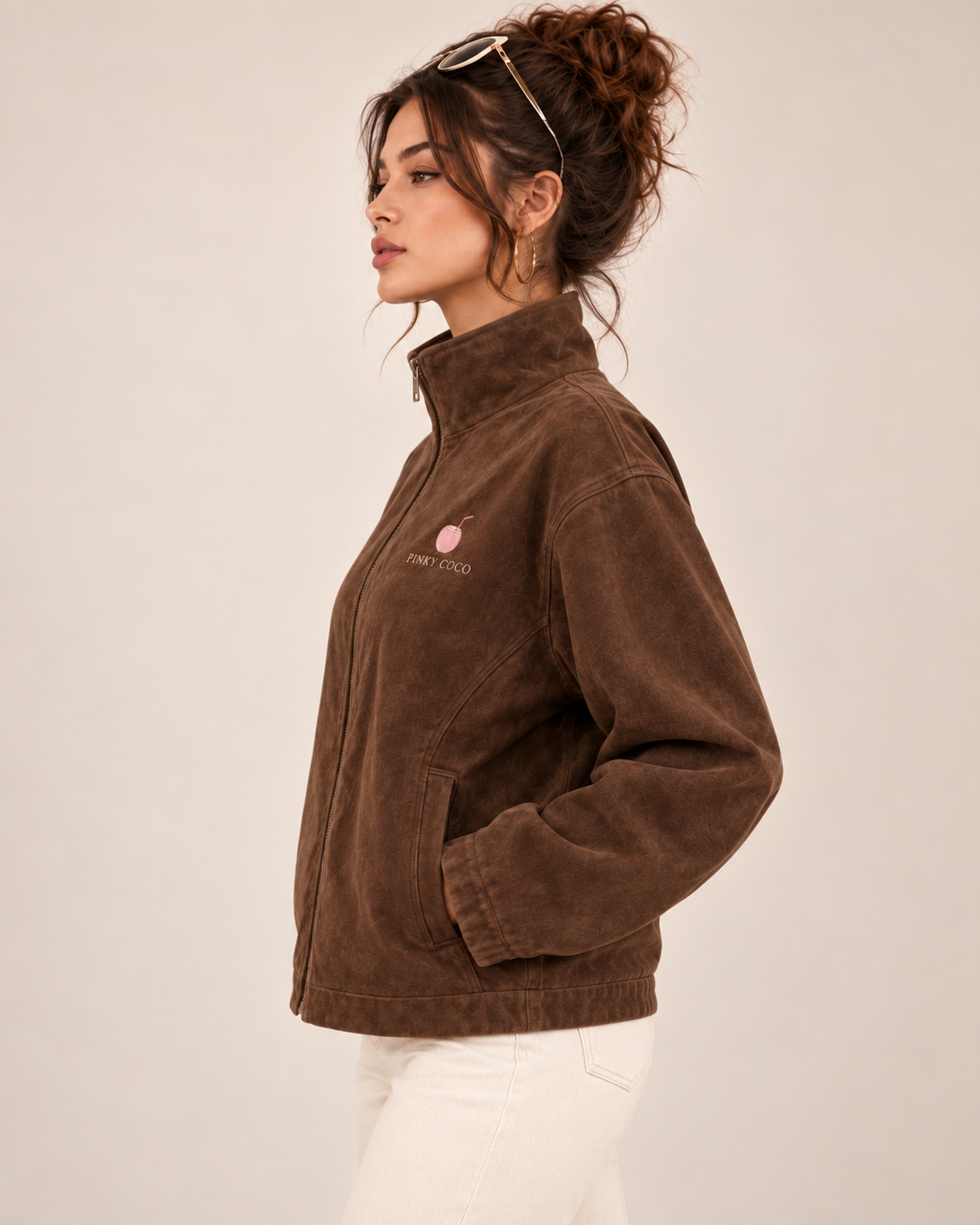 PinkyCoco Espresso Funnel women's jacket lifestyle styling