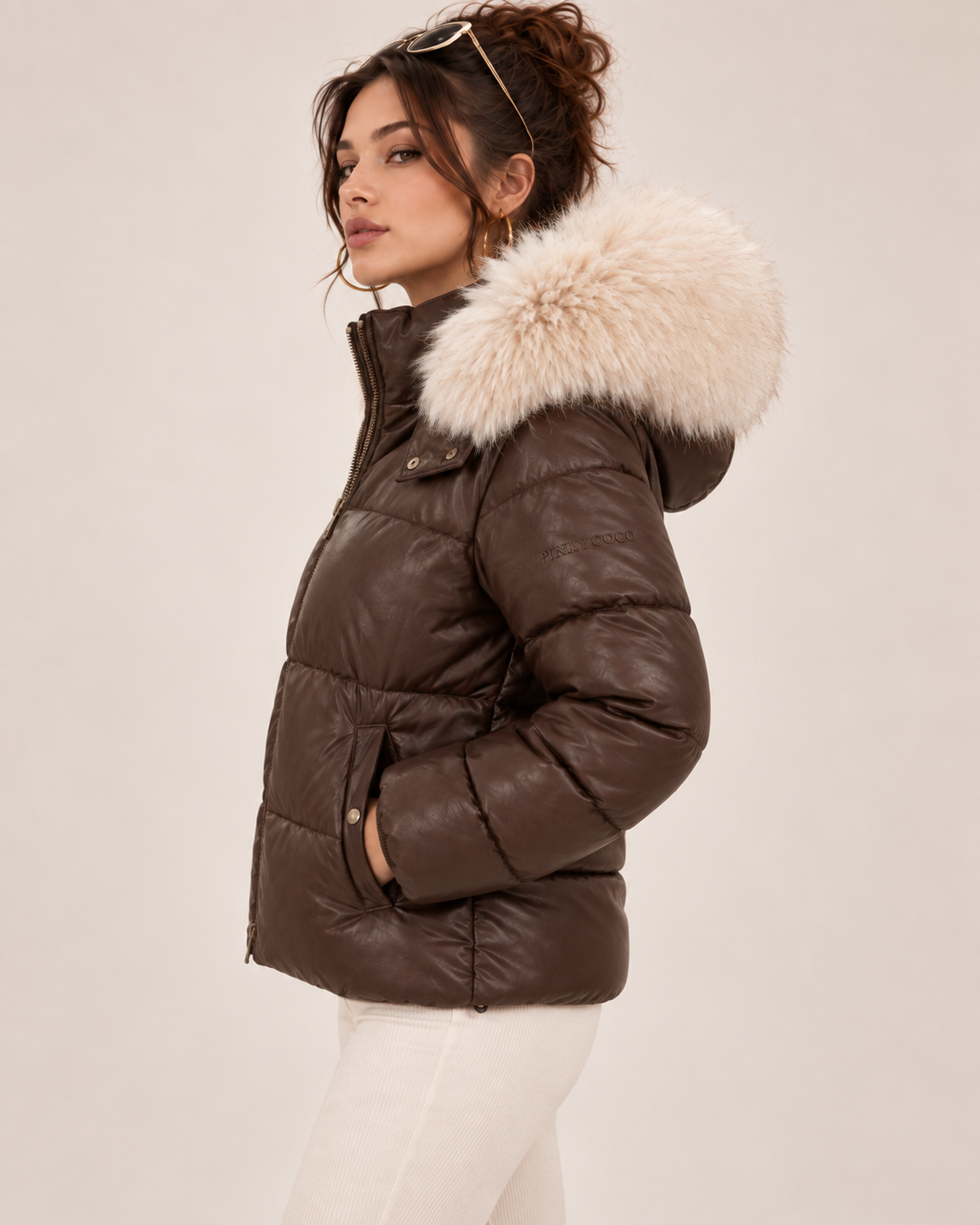 PinkyCoco Espresso Luxe women's brown leather puffer jacket front view