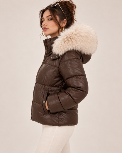 PinkyCoco Espresso Luxe women's brown leather puffer jacket front view