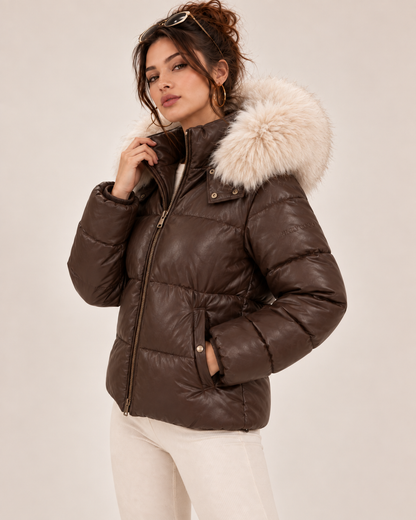 PinkyCoco Espresso Luxe leather puffer three-quarter front styling