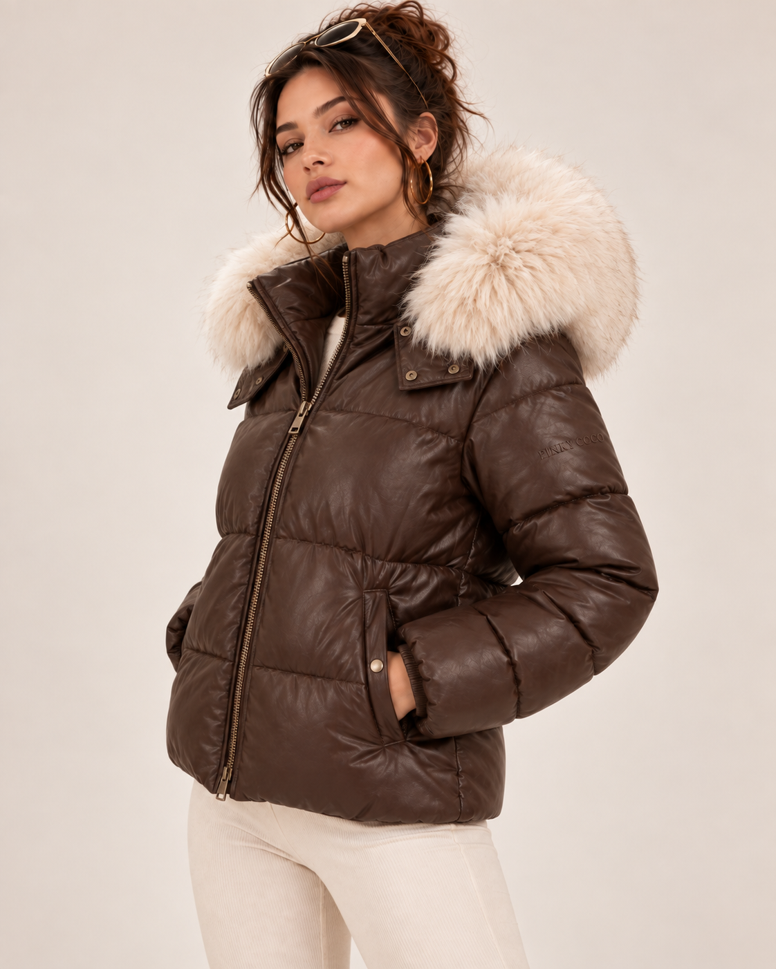 PinkyCoco Espresso Luxe women's brown puffer jacket straight front view