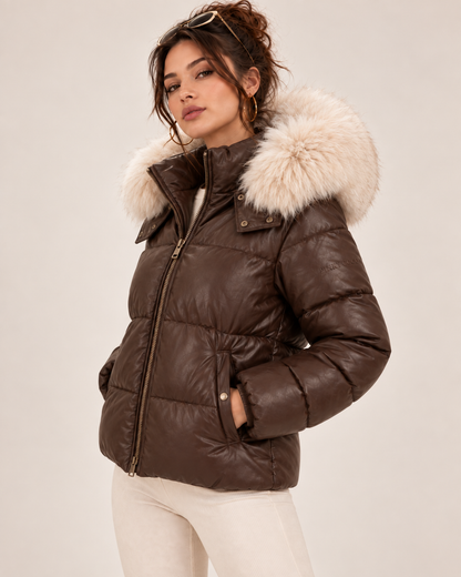 PinkyCoco Espresso Luxe women's brown puffer jacket straight front view