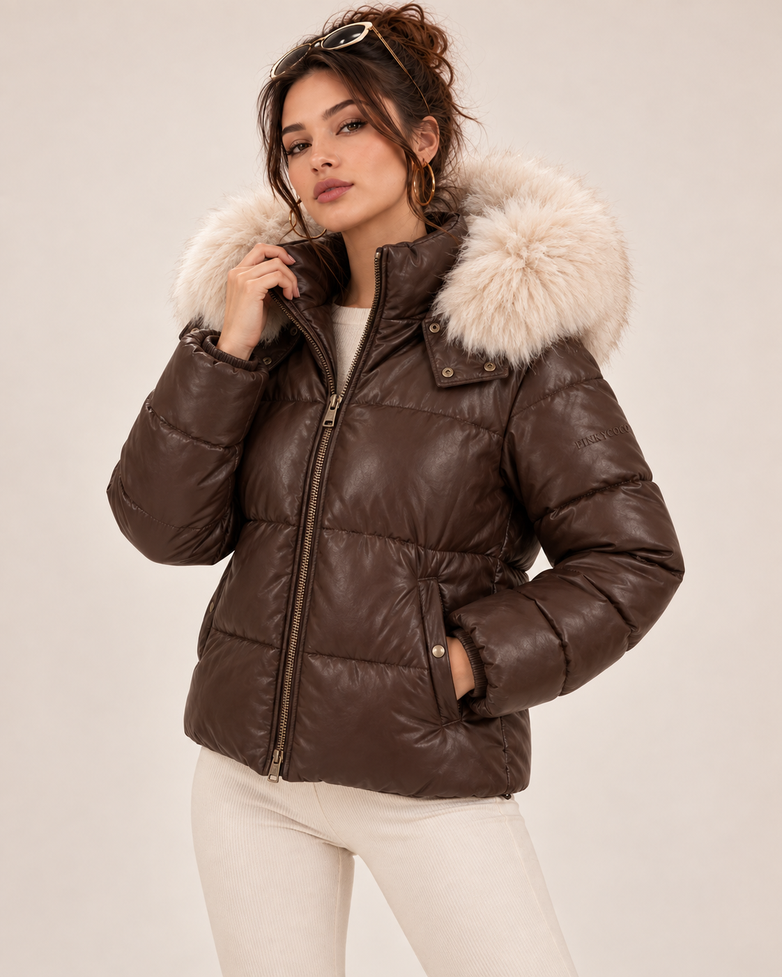 PinkyCoco Espresso Luxe leather puffer back view