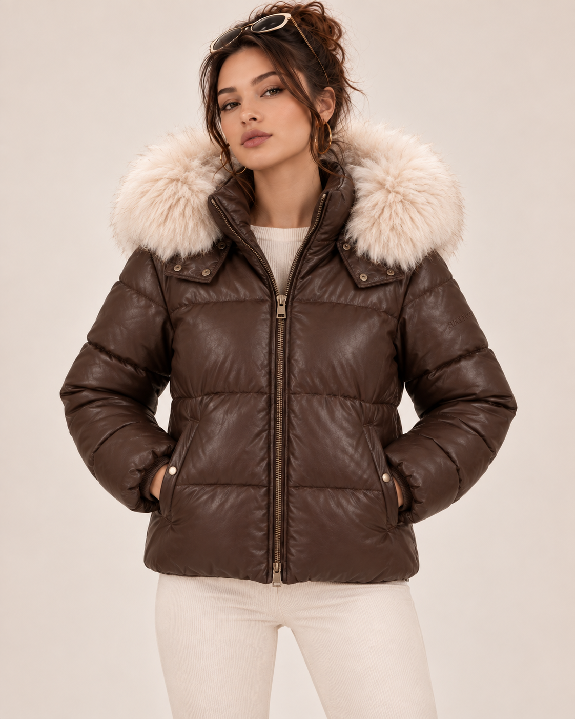 PinkyCoco Espresso Luxe women's leather puffer side profile