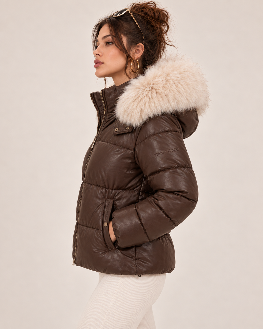 PinkyCoco Espresso Luxe women's winter puffer lifestyle styling