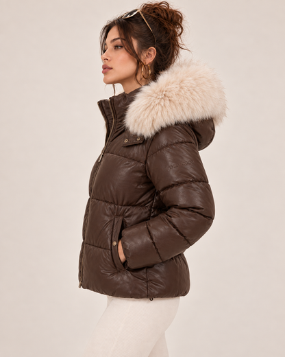 PinkyCoco Espresso Luxe women's winter puffer lifestyle styling