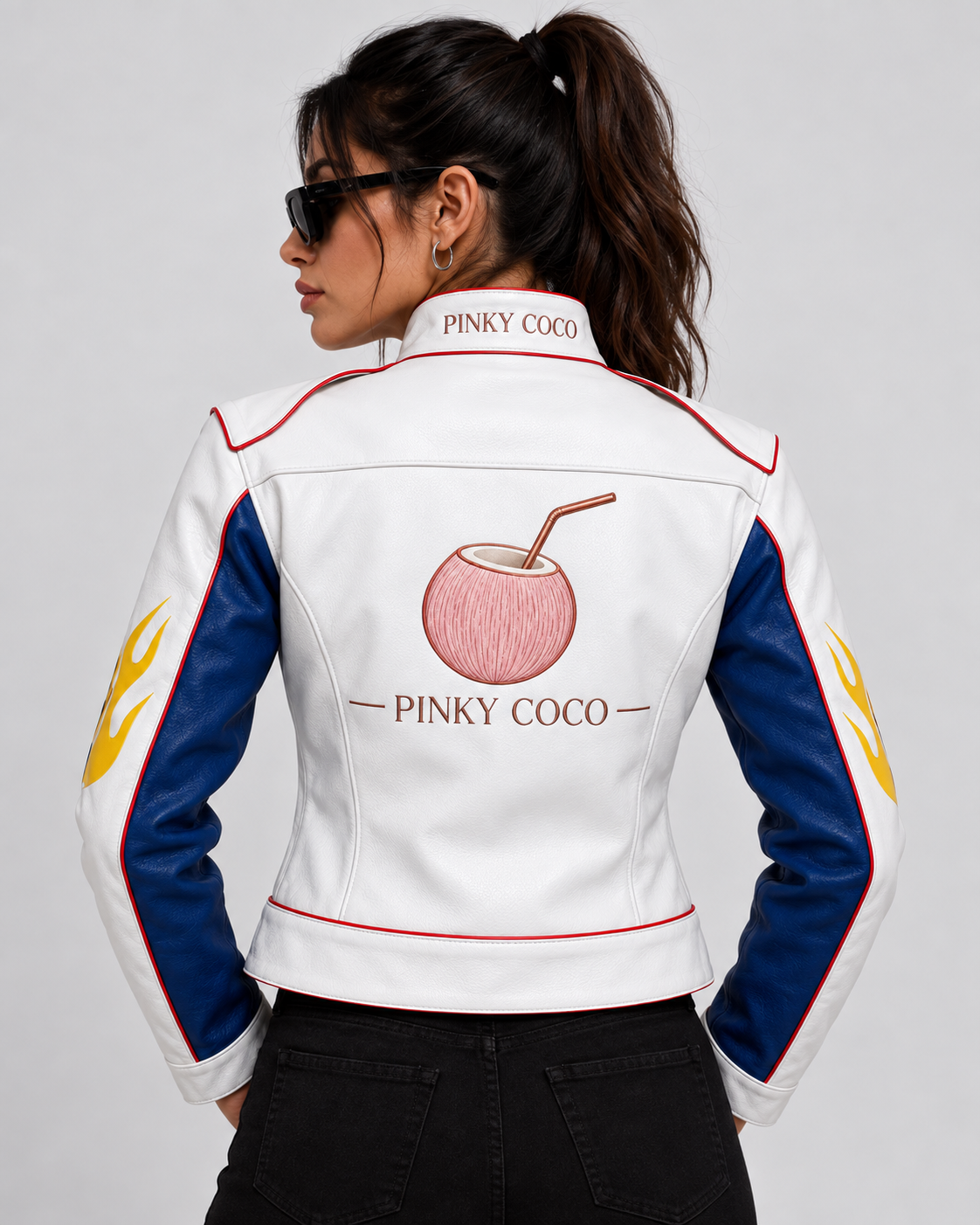 PinkyCoco Flame Circuit women's white blue and yellow leather racing jacket back model view