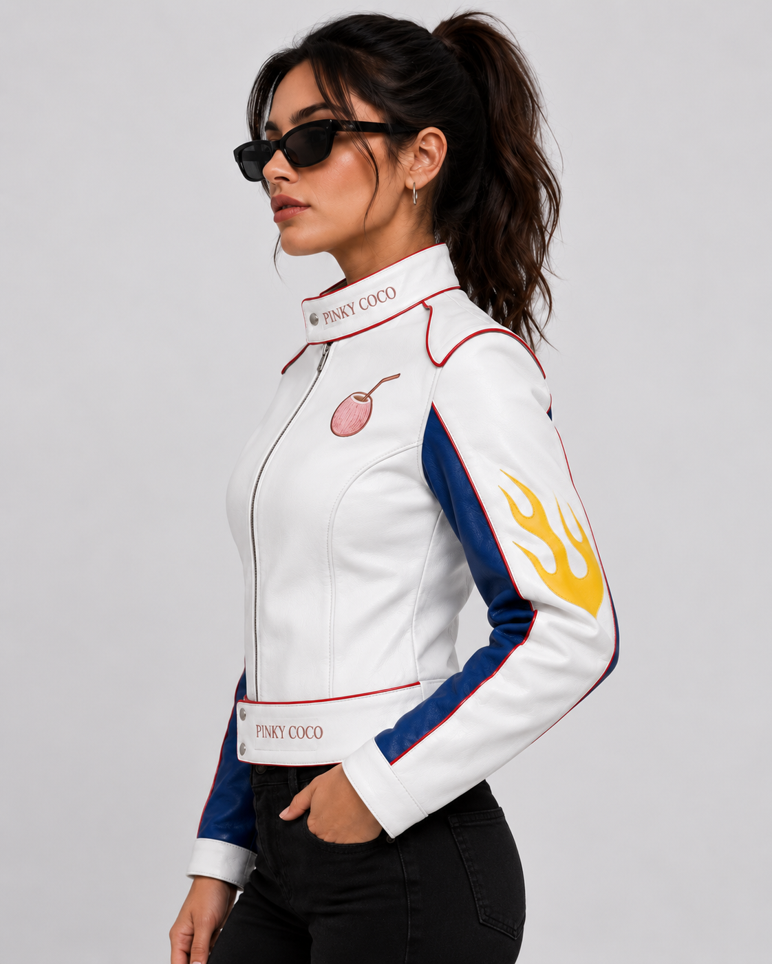 PinkyCoco Flame Circuit leather racing jacket side model view