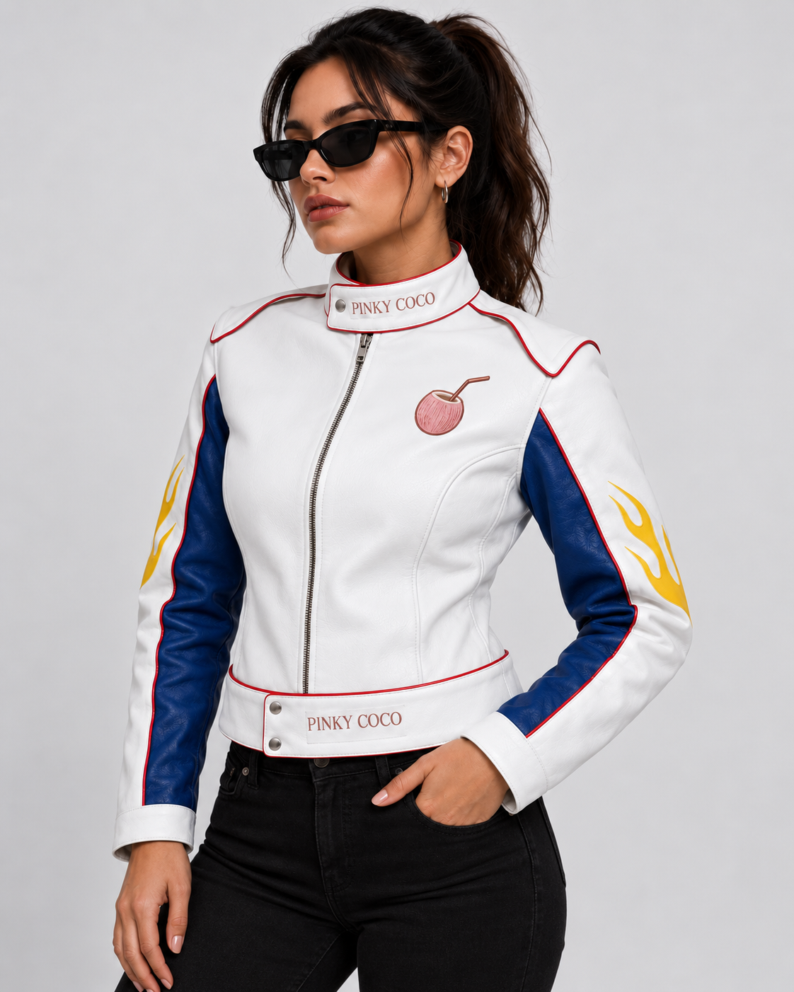 PinkyCoco Flame Circuit women's white blue racer three-quarter front view
