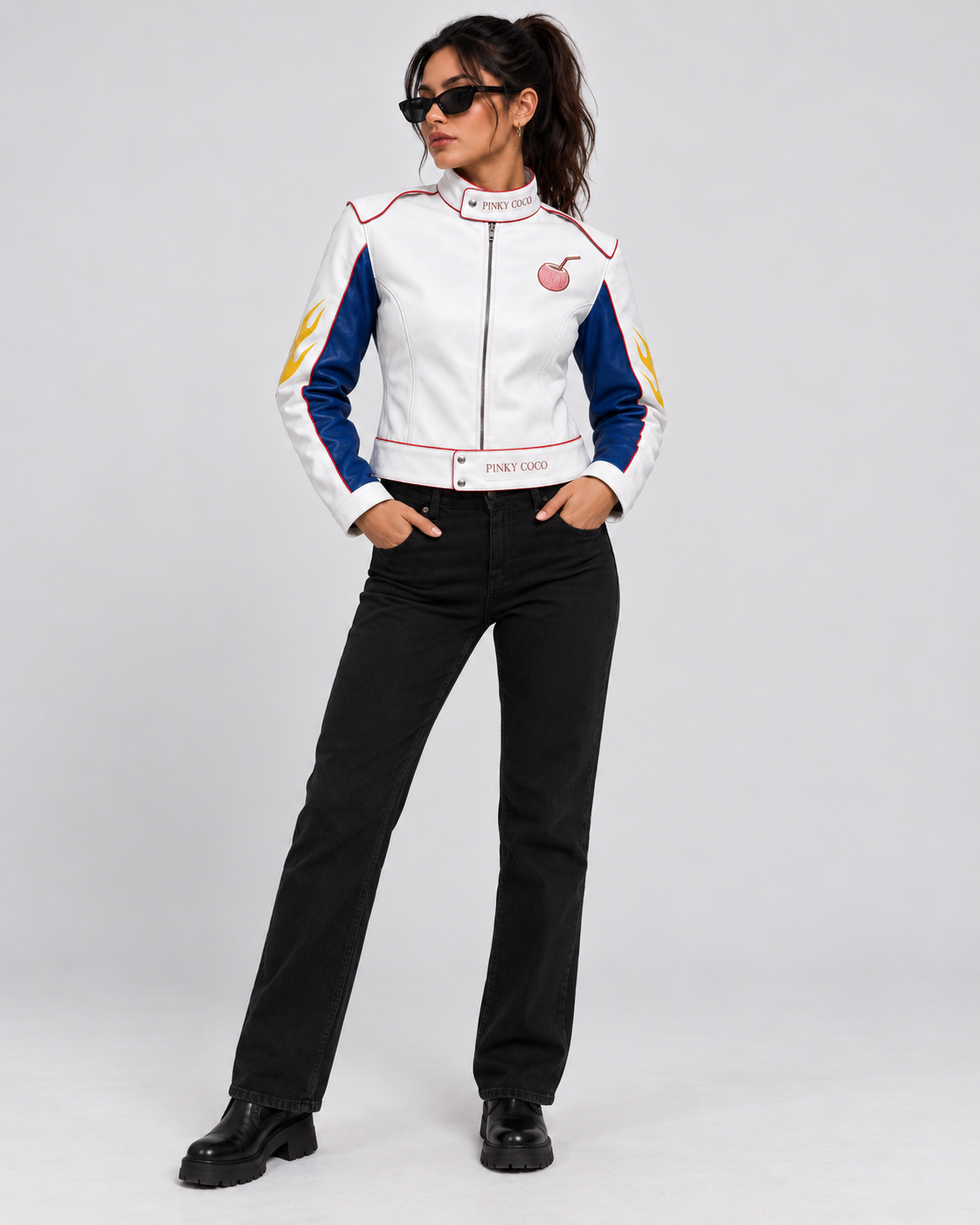 PinkyCoco Flame Circuit women's leather racing jacket full-length front styling