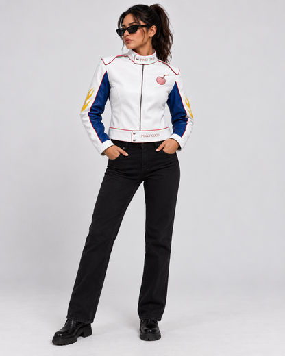 PinkyCoco Flame Circuit women's leather racing jacket full-length front styling