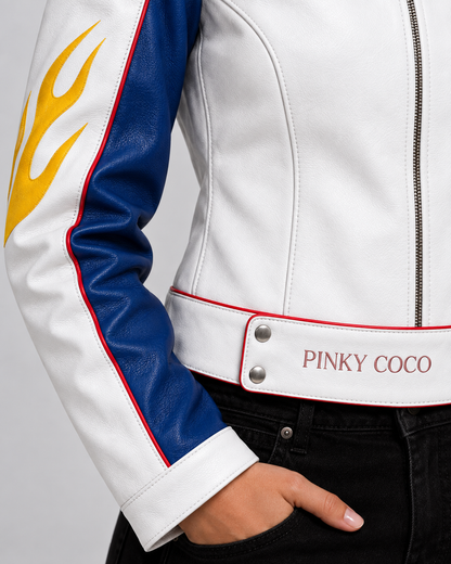 PinkyCoco Flame Circuit jacket blue sleeve yellow flame and waist detail
