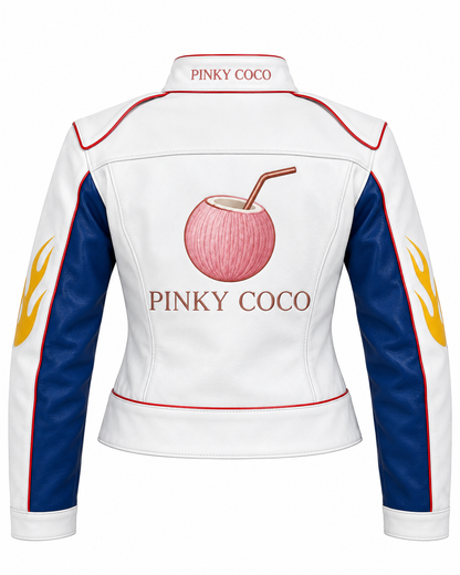 PinkyCoco Flame Circuit white blue leather racing jacket product back view