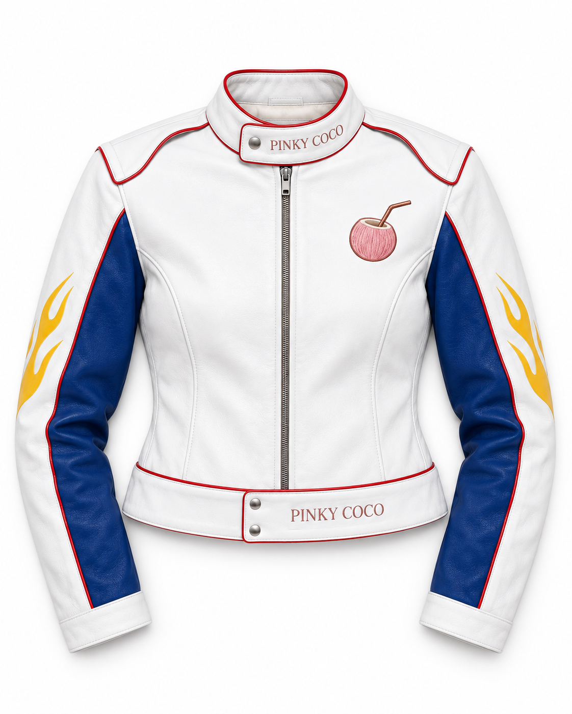 PinkyCoco Flame Circuit white blue leather racing jacket product front view