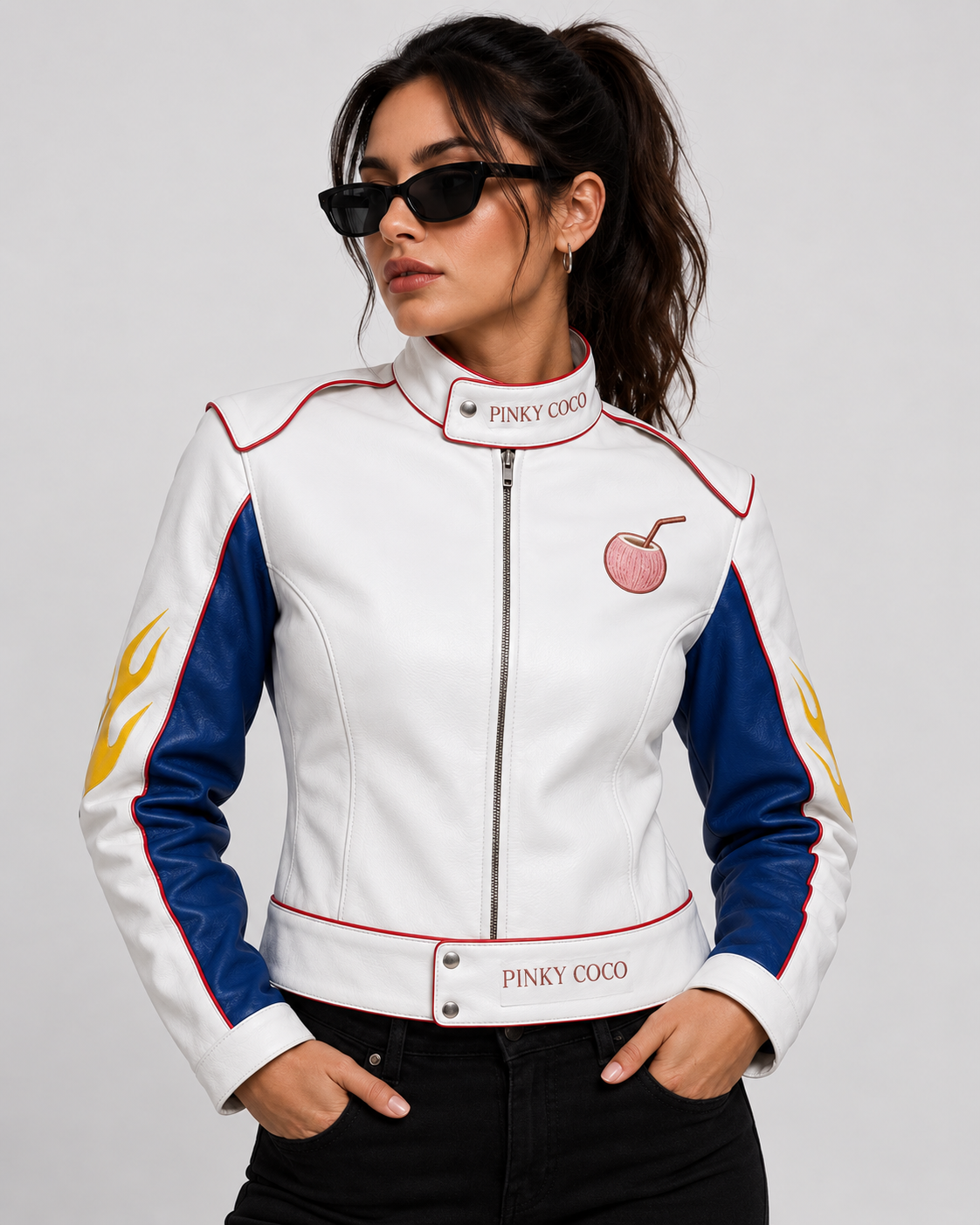 PinkyCoco Flame Circuit women's racing jacket lifestyle front view