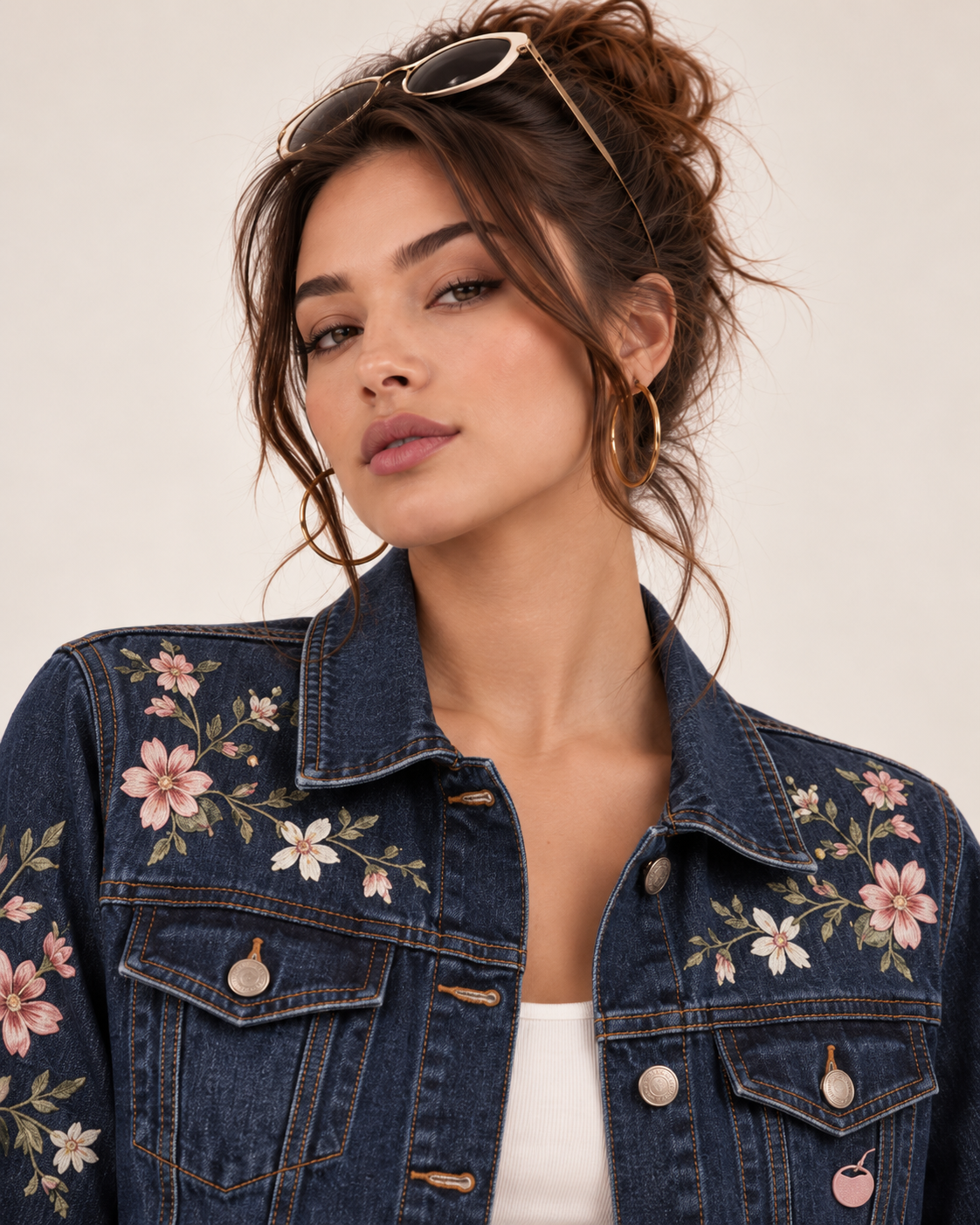 PinkyCoco Floral Denim women's dark-wash embroidered denim jacket front view