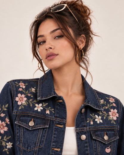 PinkyCoco Floral Denim women's dark-wash embroidered denim jacket front view