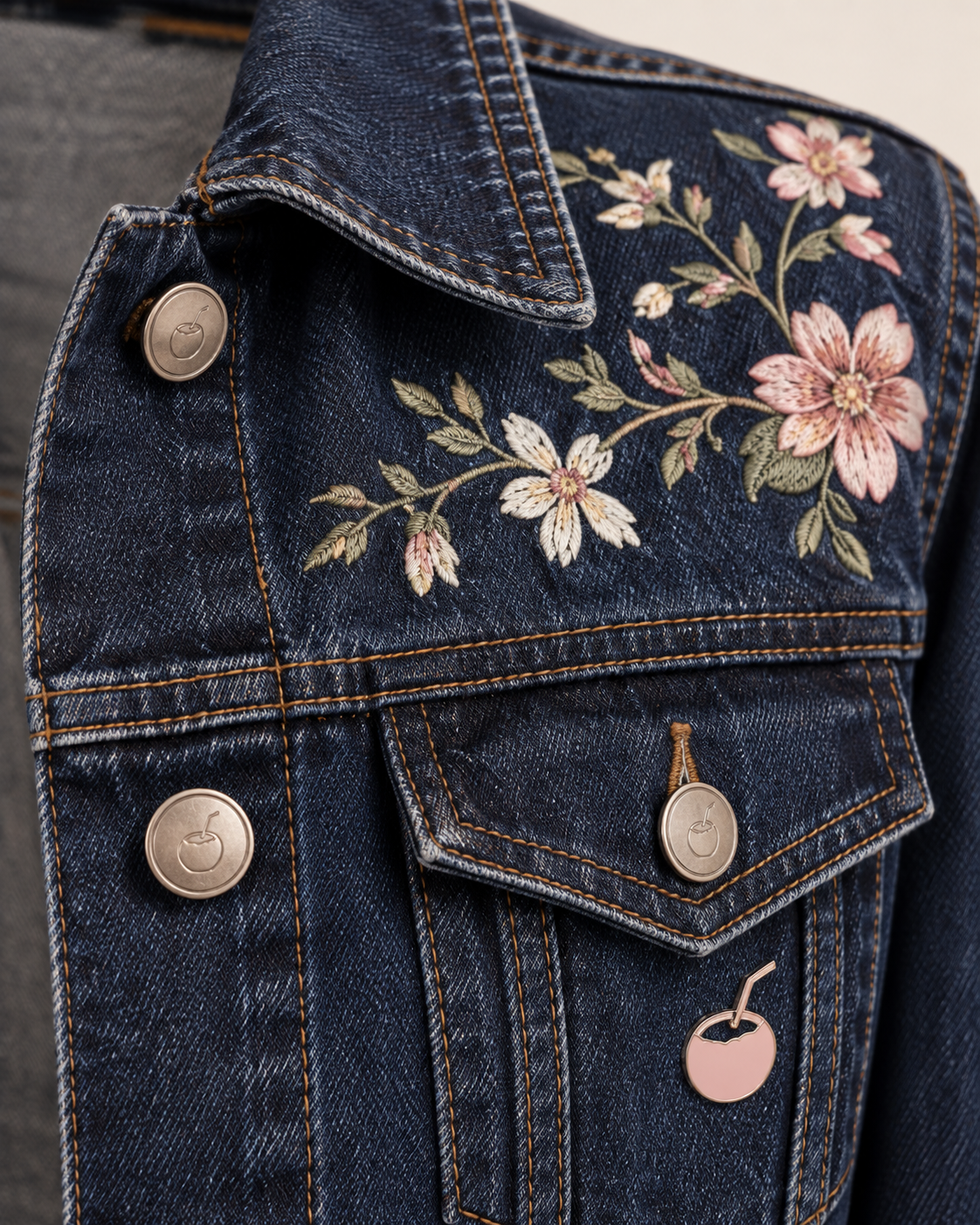 PinkyCoco Floral Denim dark-wash jacket three-quarter styling