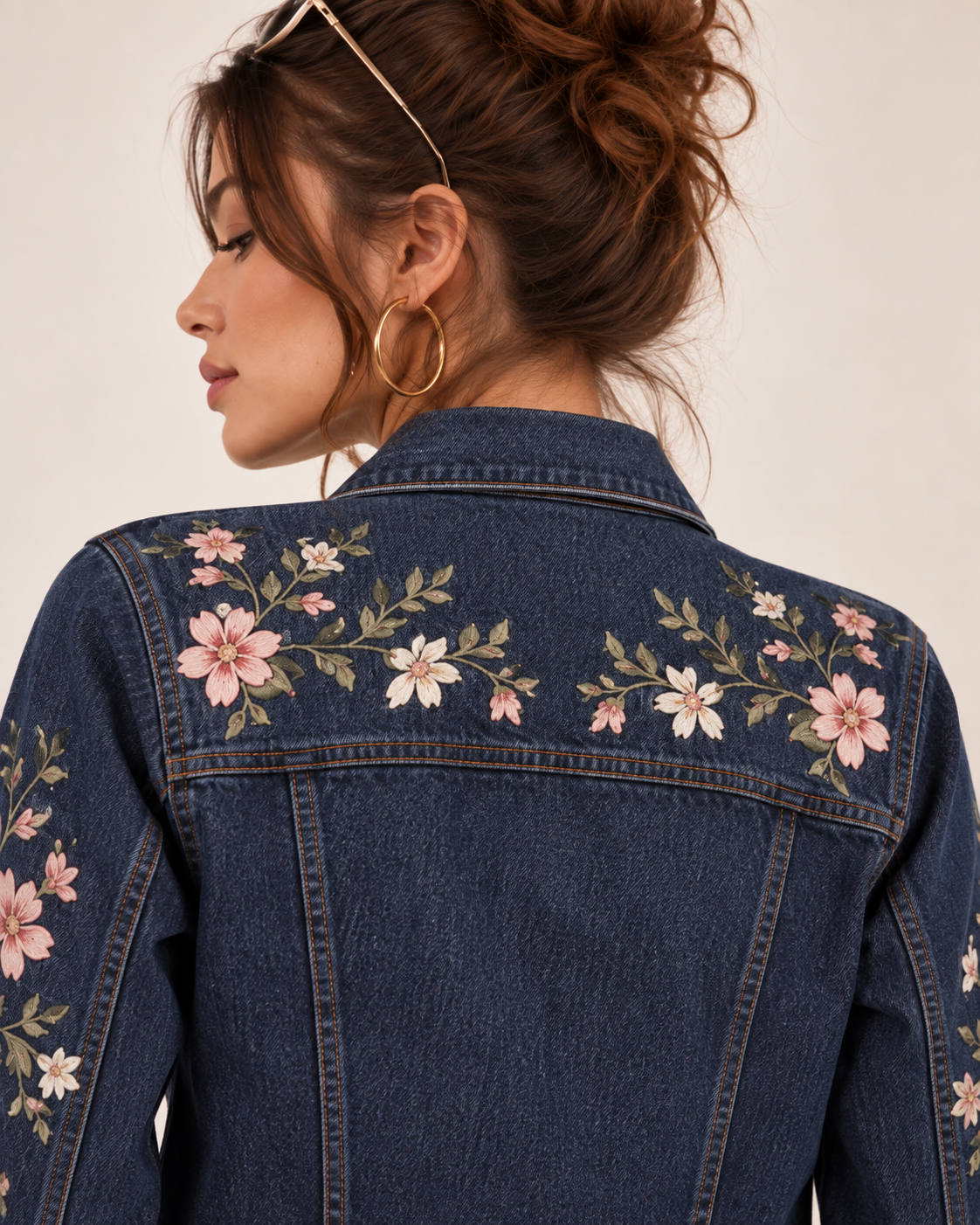 PinkyCoco Floral Denim women's embroidered denim jacket straight front view