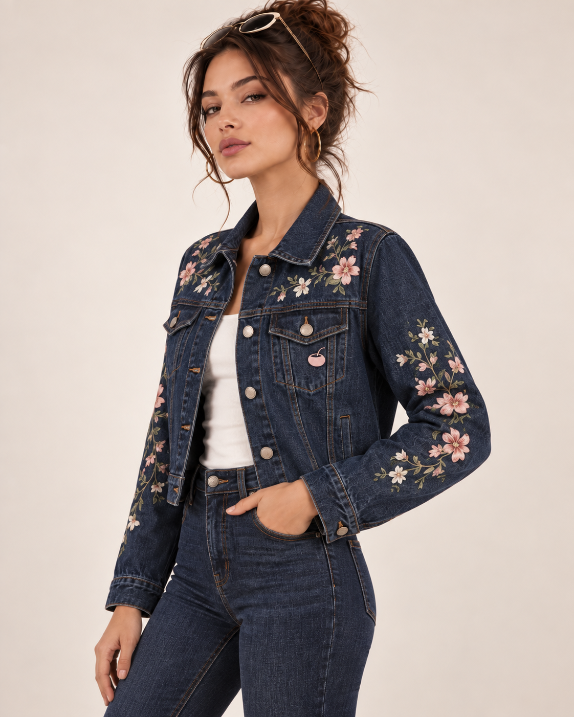 PinkyCoco Floral Denim jacket back floral embroidery view
