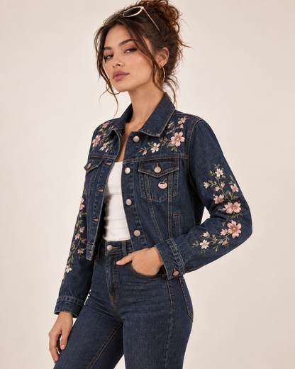 PinkyCoco Floral Denim jacket back floral embroidery view