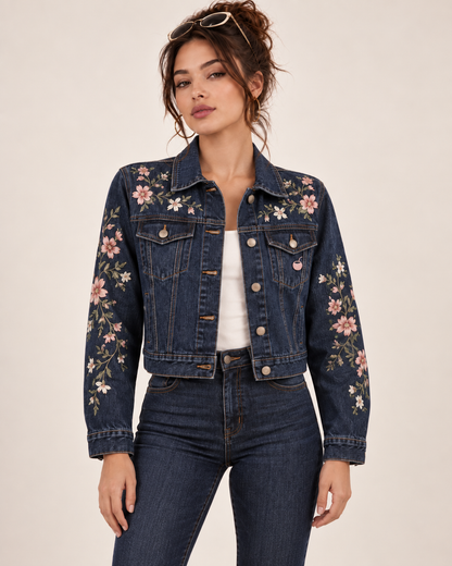 PinkyCoco Floral Denim flower embroidery chest and shoulder detail