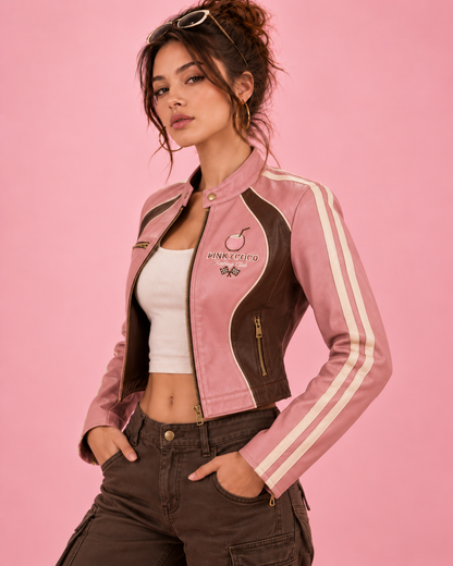 PinkyCoco Foxglove Pink women's leather racing jacket lifestyle styling