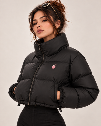 PinkyCoco Funnel women's black cropped puffer jacket front three-quarter view