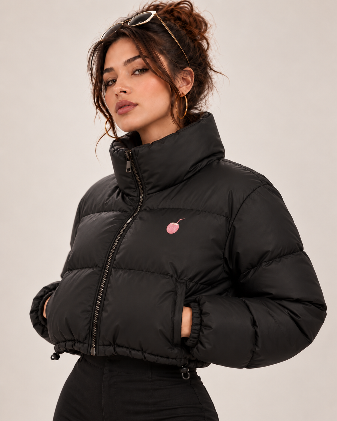 PinkyCoco Funnel women's black cropped puffer jacket alternate front view