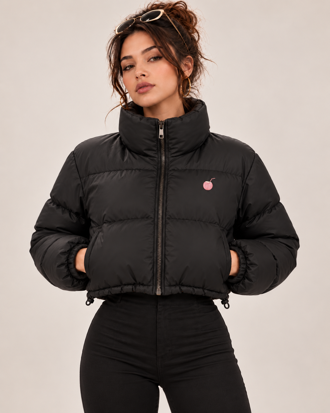 PinkyCoco Funnel black cropped puffer jacket straight front view