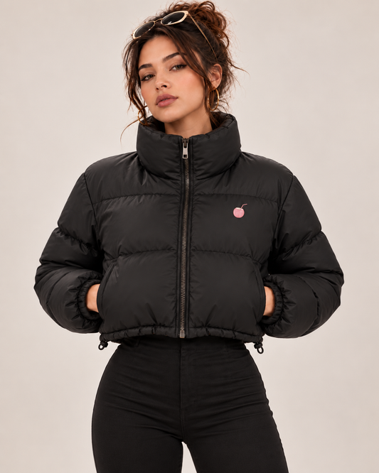 PinkyCoco Funnel black cropped puffer jacket straight front view
